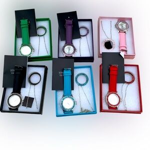STRADA Womens circle geometric necklace and watch set gemstones rhinestones